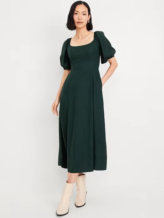 Old Navy Dresses & Skirts - Old Navy Fit & Flare Forest Green Square Neck Puff-Sleeve Midi Dress